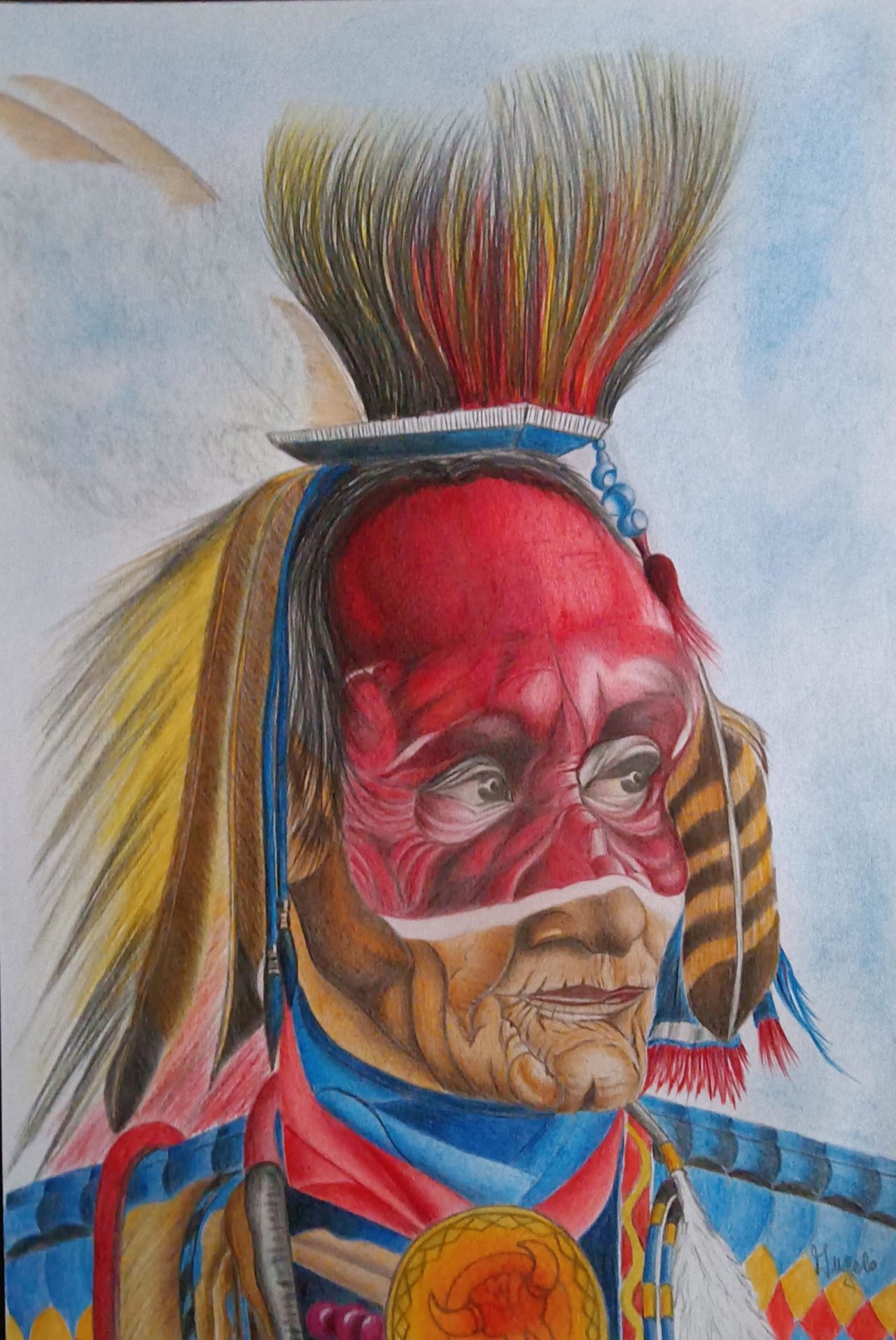Testa di nativo americano con copricapo di piume e maschera rossa